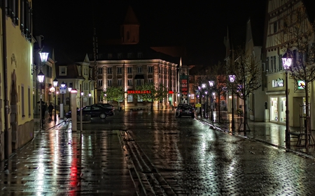 Rainy Night - beauty, autumn, trees, people, road, fall, lanterns, reflection, umbrella, architecture, rainy, house, houses, rain, cars, night, buildings, town, beautiful, alley, leaves, colors, lights