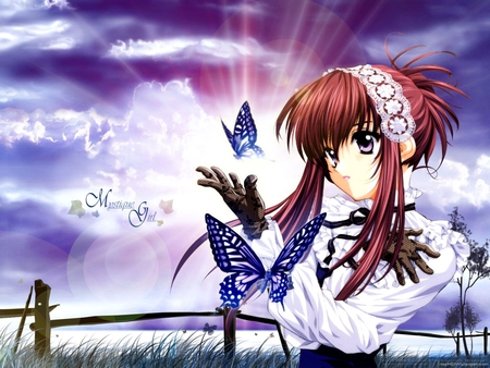 Mystique-girl - sky, female, hot, wings, anime girl, fantasy, brown hair, cloud, purple eye, anime, cute, grass, scene, sexy, scenic, girl, light, long hair, butterfly, abstract, wing, scenery, glove, dress