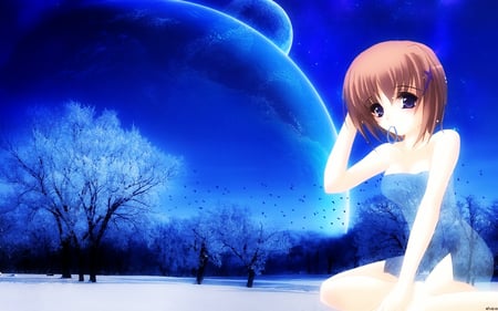 Simplicite - bird, anime, female, scenery, blue, planet, landscape, scene, forest, plant, short hair, animal, purple eye, moon, abstract, anime girl, hot, girl, scenic, brown hair, tree, fantasy, cute, sexy