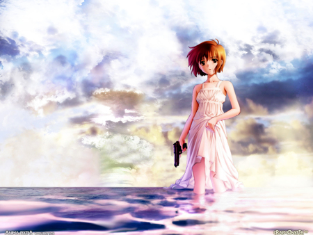 Manga - anime, female, scenery, scene, short hair, pistol, weapon, sky, abstract, anime girl, water, hot, gun, girl, sea, scenic, brown hair, ocean, brown eye, cloud, cute, sexy