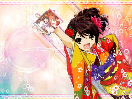 Yukata - female, hot, colorful, traditional, anime girl, multicolor, haruhi suzumiya, the melancholy of haruhi suzumiya, anime, kimono, color, cute, sexy, girl, abstract, melancholy of haruhi suzumiya, sos brigade, japanese clothes, flower