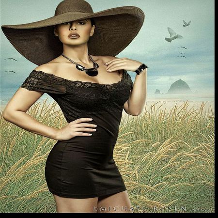 A HAT AND  DRESS - hat, laces, necklace, field, dress