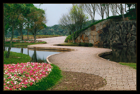 Park Alley - art photo, alley, water, beautiful, flowers, trees, park