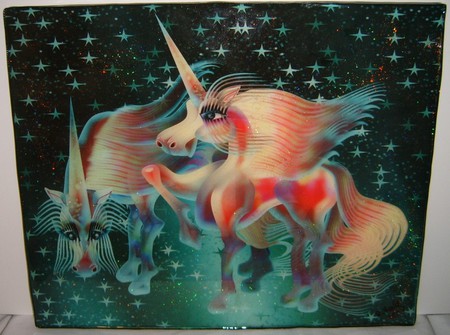 unicorns - painting, art, abstract, unicorns, orange, green, fantasy