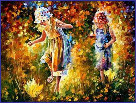 Flower Girls - dresses, walking, hats, children, flowers, girls, sumer, colours, playful, nature, garden, floral, frolicking