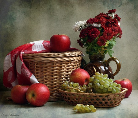 still life - nice, autumn, photography, bouquet, basket, still life, fruit, vase, cool, beautiful, grape, flowers, apple, photo, flower, harmony