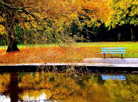 Autumn - bench, water, reflection, autumn