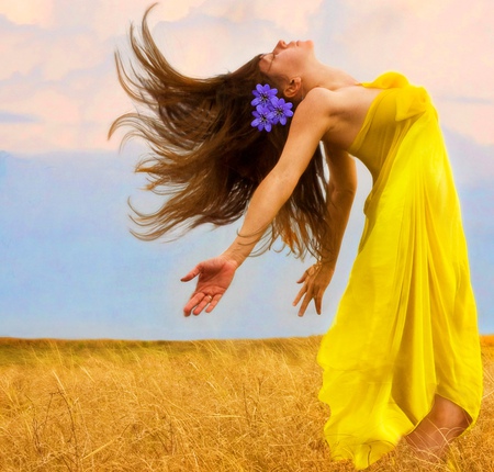 Supplication - yellow, girl, wind, hair