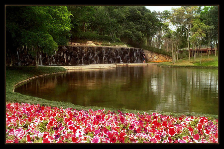 Summer Park - red, art photo, water, beautiful, flowers, reflection, small, waterfalls, trees, park