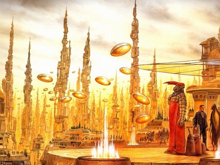 Alien City - alien, people, pilars, ships, ufo