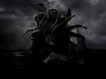 Feed Me - red eyes, ocean, tentacles, dark, monster, storm