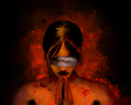 The Blind Fold - hands folded, red, praying, woman