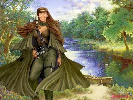 Auge the Woods - forest, huntress, river, woman, green