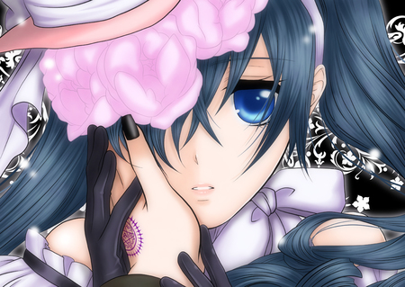 Ciel - twin tails, hand, blue hair, close, blue eyes