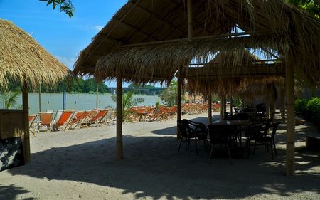 Strandbar anlong the River Rhine - tropical, bar, architecture, river, bridge, looking