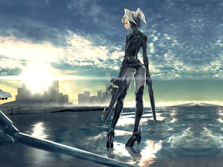 Gungirl - blades, sky, girl, sun, water, heels, shine, juice, reflection, red, city, weapons, gray