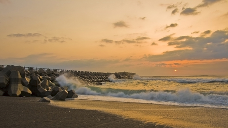 Sunset with Rough Sea - sea, tide, beach, sun