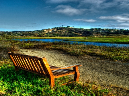 Beautiful View - hills, blue, landscape, grass, path, view, bench, sky, clouds, trees, water, beautiful, beauty, colors, river, nature, green, peaceful