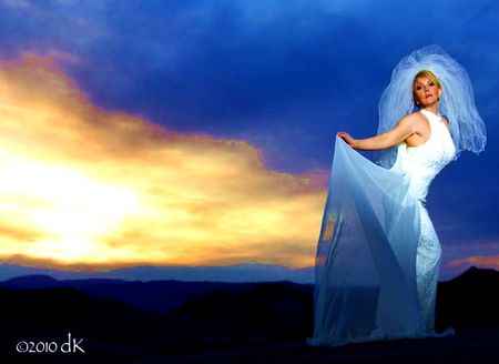 SUNRISE BRIDE... - sky, sunshine, mountains, bride, white, clouds, blue, sunrise, dress