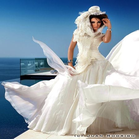 WHITE  BRIDE ... - woman, sky, ocean, hat, bride, white, blue, floating, dress