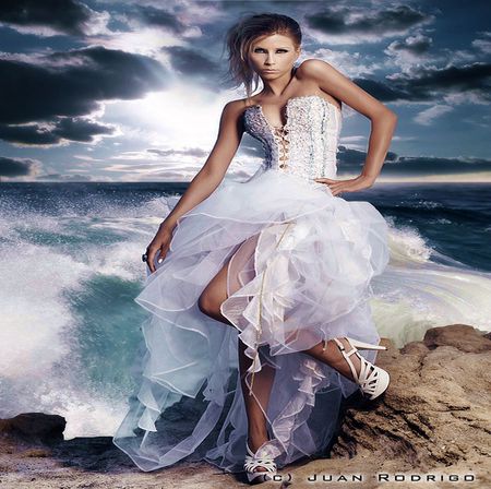 OCEAN BRIDE.. - morning, white, woman, ocean, clouds, blue, bride, dress