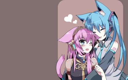 Megurine Luka and Hatsune Miku Catgirls - beauty, aqua, hot, 01, thigh highs, beauties, aqua hair, 03, hearts, pretty, megurine luka, yuri, miku, megurine, cute, luka, sexy, anime girls, skirt, adorable, twintails, blushing, long hair, pink hair, catgirls, hatsune, vocaloids, headphones, vocaloid, pink, beautiful, blush