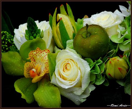 Flowers & Fruits - white, art photo, fruits, beautiful, green, flowers, yeelow, arangement