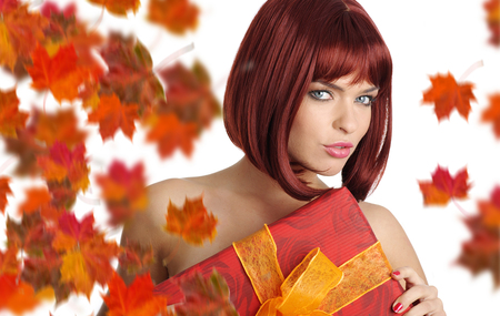 for you ... - woman, nice, redhead, autumn, lips, gift, hot, photography, eyes, model, face, cool, box, brunette, sexy, girl, gentle, beautiful, leaves, photo