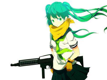 Hatsune Miku with a gun - nice, gun, beauty, aqua, twintail, aqua hair, virtual, pretty, cool, idol, anime, miku, cute, hatsune miku, skirt, m16, girl, blue eyes, assault rifle, scarf, hatsune, vocaloids, vocaloid, blue, beautiful, weapon, tie, awesome, uniform, diva