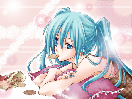 Hatsune Miku - pretty, anime, vocaloid, twintail, brown, sweets, hatsune miku, pink, bag, blues, aqua, cookie, pillow, nice, idol, beautiful, hot, girl, virtual, beauty, cool, bubble, necklace, miku, awesome, diva, aqua eyes, cute, aqua hair, hatsune, sexy, vocaloids