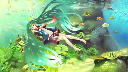 Hatsune Miku - pretty, headphones, nice, line, thighhighs, beauty, virtual, coral, green, cute, aqua eyes, vocaloid, anime, blue, fishing, twintail, hatsune miku, aqua, idol, skirt, water, beautiful, rock, girl, cool, miku, awesome, diva, underwater, aqua hair, hatsune, vocaloids, headset, fish