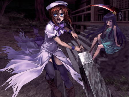 Crazy Rena - girls, scary, evil, angry, dark, furude rika, killer, anime, scythe, violent, running, attack, higurashi no naku koro ni, weapon, steps, rush, ryuuguu rena