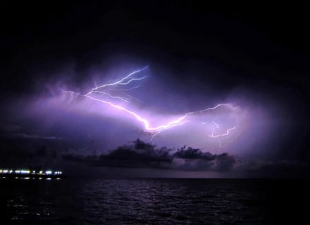 Electric wings - electric, sky, places, wheater, light, water, black, storm, riverside, nature, thunderstorm, purple, lightning, colors