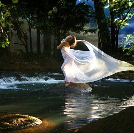 VEIL LAKE REFLECTION - veil, trees, white, nature, woman, lake, forest, reflection