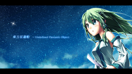 Undefined Fantastic Object - pretty, anime, blue, twintail, night, stars, uniform, space, shiny, aqua, touhou, nice, sky, idol, clouds, beautiful, girl, virtual, beauty, cool, kochiya sanae, white, awesome, diva, cute, aqua hair