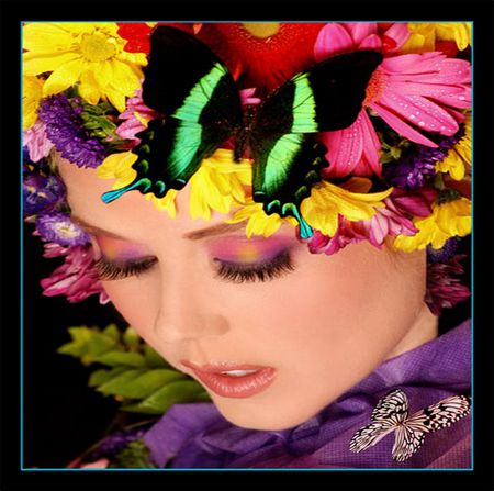 BUTTERFLY... - woman, purple, butterfly, yellow, red, scarf, flowers, black