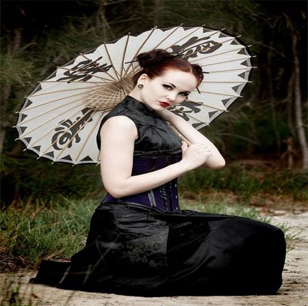 UMBRELLA... - black, white, umbrella, nature, woman, dress, seating