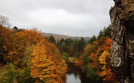 Extern Stones Autumn - autumn, lake, forests, cliff, overcast, nature, beautiful, colors, rocky