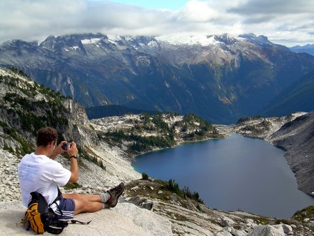 Hidden Lake - camera, hidden, lake, mountains, man