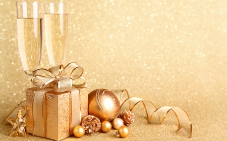 Champagne - new year, xmas, gift, glasses, magic, champagne, balls, santa, holiday, golden, ribbon, glass, present, happy new year, beautiful, decoration, nice, pearls, beauty, photography, wine, surprise, pretty, stars, winter, ball, lovely, christmas, gold, christmas balls, abstract, star, merry christmas