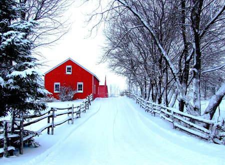 Winter - house, white, winter, red, snow