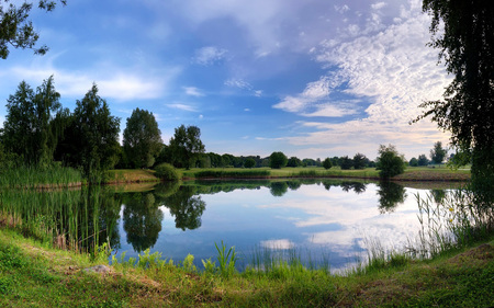 Beautiful Reflection - lakes, beautiful, blue, sky, reflection, clouds, trees, nature, green