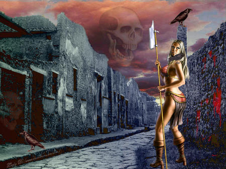 escape to hell - skull, hell, art, abstract, warrior, escape, fantasy, maiden