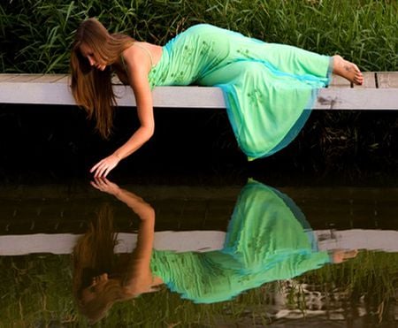 REFLECTION IN GREEN - woman, green, dress, lake, forest, reflection