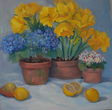 Sunny Dee - pretty, pots, spring, yellows, still life, blues, flowers, pinks, clay, floral, pears, lemons