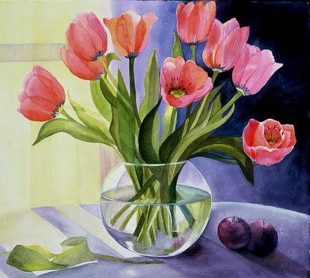 Tulip Vase - glass, plums, stems, curtains, tulips, vase, spring, window, table, leaves, sunny, pinks