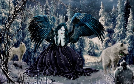 Winter - wolvws, fantasy, angel, winter