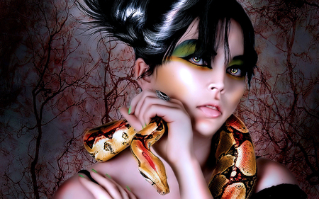 Snake - woman, make up, animals, magic, bite, dangerous, evil, ring, fantasy, spirit, snake venom, lady, forests, girl, magical, bad, cg, devil, nature, ghost, toxin, snake, animal, devil snake girl, femae, kill, canine, soul, ghost snake