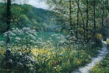 Thames Bank - trees, thames bank, water, dirt road, beauty, flowers, nature, painting, mountains