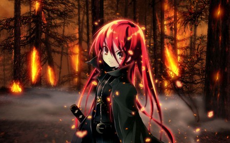 In Flames - red, fire, sword, katana, flame, anime, anime girl